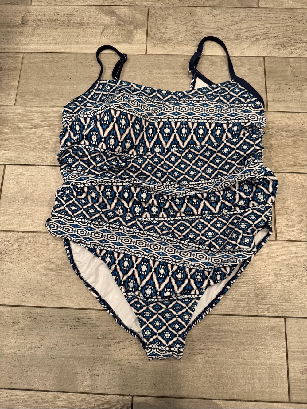 Time and Tru Blue and White Printed One-Piece Swimsuit